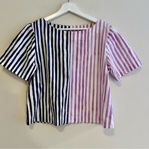 Koch Striped Short Sleeve Top Navy Blue Purple White Casual Cotton Relaxed Fit